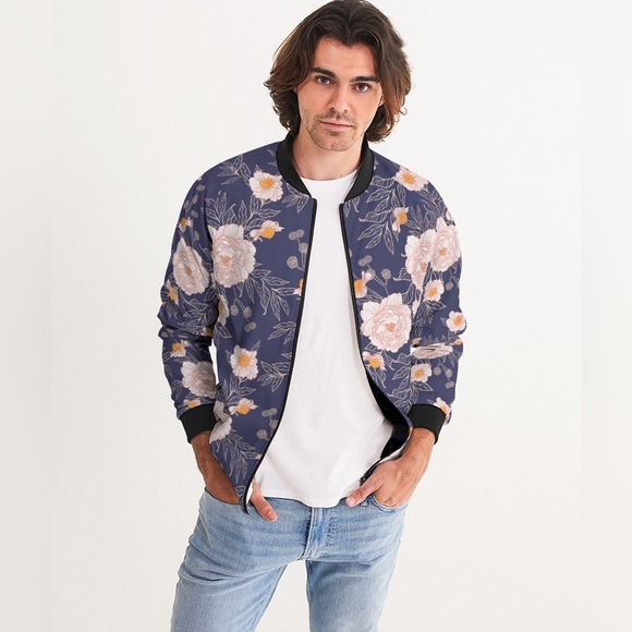 Harlow & Lloyd Other - New ~ Harlow & LLoyd Orange Peonies Floral Orient Blue Men's Bomber Jacket Sz L